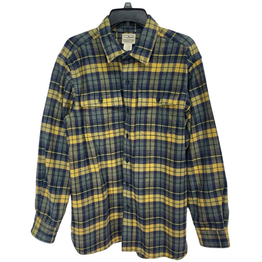 L.L. Bean Men Flannel Button Down Shirt Traditional Fit Navy Yellow Green Size L